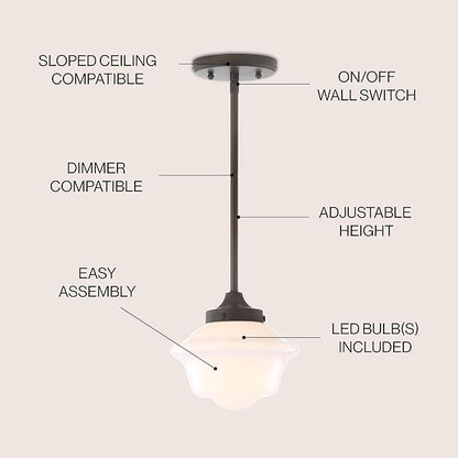 JONATHAN Y 7.25" Oil Rubbed Bronze Modern Schoolhouse LED Pendant Light Fixture, Adjustable Drop Metal Hanging Lamp with White Glass Shade for Kitchen Island, Dining Room, Foyer (JYL3516C)