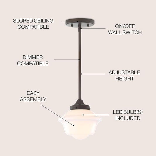 JONATHAN Y 7.25" Oil Rubbed Bronze Modern Schoolhouse LED Pendant Light Fixture, Adjustable Drop Metal Hanging Lamp with White Glass Shade for Kitchen Island, Dining Room, Foyer (JYL3516C)