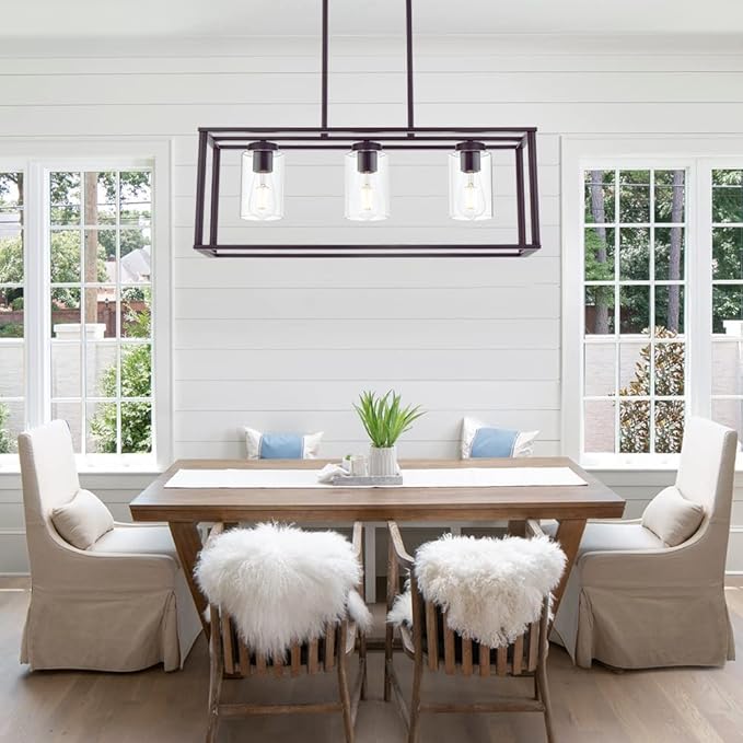 VINLUZ 3-Light Industrial Metal Large Pendant Lighting Oil Rubbed Bronze Modern Linear Chandelier with Clear Glass Shades Farmhouse Rustic Ceiling Light Fixtures Hanging for Dining Room Kitchen Island
