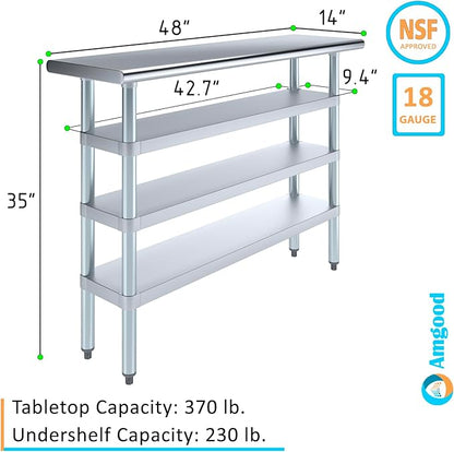AmGood Stainless Steel Work Table with 3 Shelves | Kitchen Island Food Prep | Laundry Garage Utility Bench | NSF Certified (48" Long x 14" Deep)
