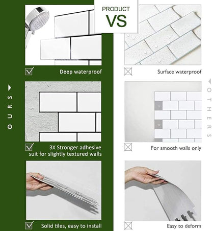 STICKGOO 10-Sheet Backsplash Peel and Stick Subway Tile, Self Adhesive Vinyl Wall Tiles, Stick on Backsplash for Kitchen and Bathroom(Thicker Design, White with Black Grout)