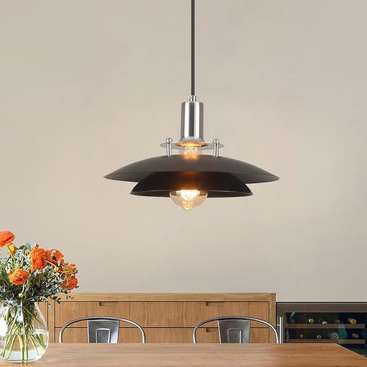 1-Light Modern Black Pendant Lights Kitchen Island, 11.8 inch Farmhouse Pendant Light, Kitchen Pendant Lighting with Double-Tier Shade, Island Pendant Light for Kitchen, Dining Room Bedroom