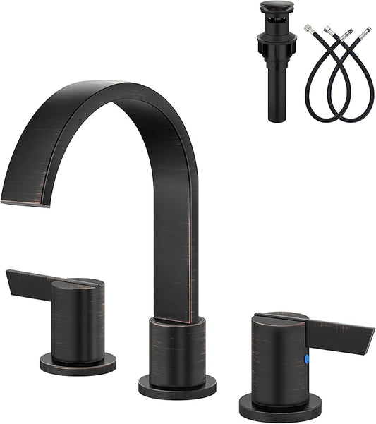 Aolemi Bathroom Faucets 3 Hole,8 Inch Widespread Waterfall Bathroom Sink Faucet,2 Handles Vanity Faucet with Pop-up Drain and Supply Hose,Oil Rubbed Bronze
