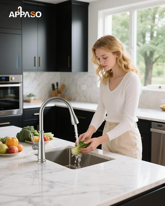 APPASO Kitchen Faucets with Pull Down Sprayer 3-Mode, 360° Swivel, 20-Inch Hose, Single Handle High Arc SUS 304 Stainless Steel Brushed Nickel Faucet with Deck Plate for 1-3 Hole Sink
