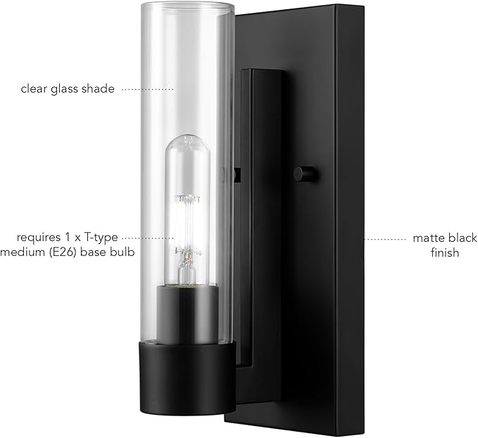 GLOBE Electric 1-Light Wall Sconce, Matte Black, Clear Glass Shade, Modern Industrial, Dimmable, 65000104