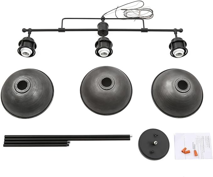LOG BARN Chandeliers for Dining Room, 3 Light Industrial Kitchen Island Lighting, 35.7'' Farmhouse Pool Table Hanging Light Fixture, Black and Brushed Antique Silver Finish