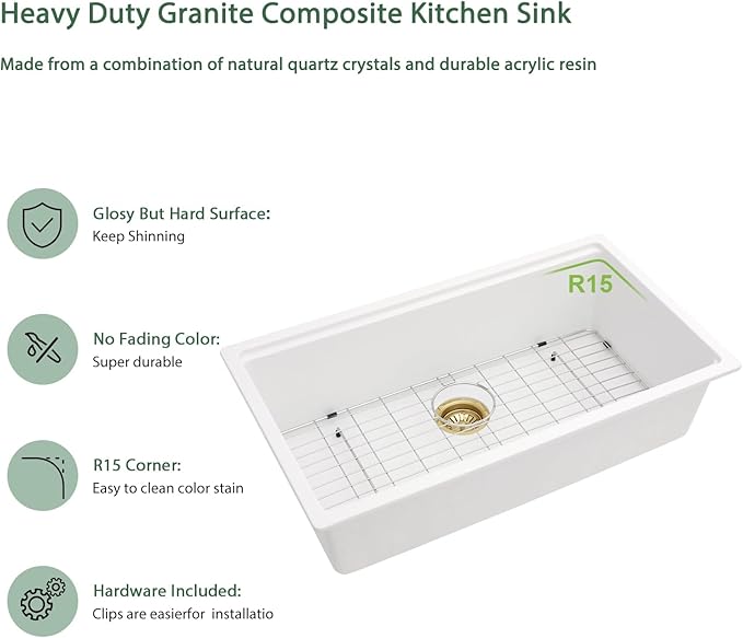 33 Inch White Undermount Kitchen Sink Workstation Granite Composite Quartz Single Bowl Undermount Sinks Large Deep Under Counter Classic Sink Basin, 33"x19"