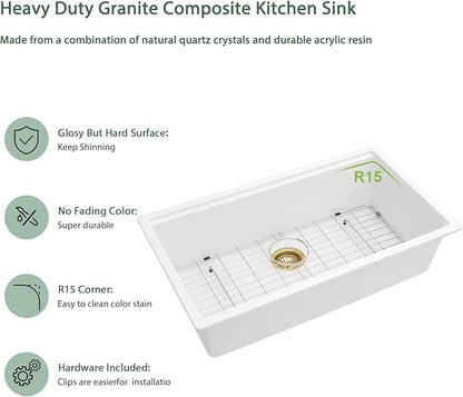 33 Inch White Undermount Kitchen Sink Workstation Granite Composite Quartz Single Bowl Undermount Sinks Large Deep Under Counter Classic Sink Basin, 33"x19"