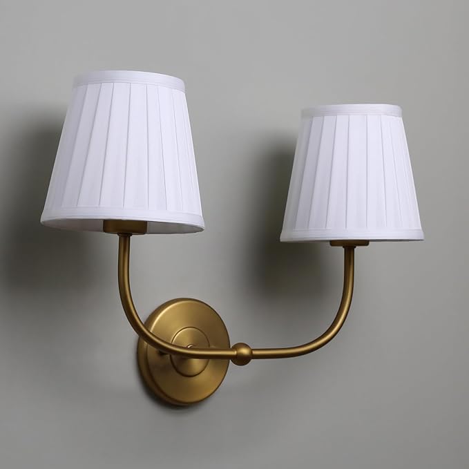 PERMO Vintage Wall Sconce Double Gold wall sconces with Pleated White Stripe Fabric Shades Retro 2 Lights Wall Sconce Hardwired for Living Room Bedroom Hallway