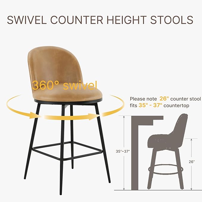 KISLOT Counter Height Swivel Bar Stools Set of 2, 26" Upholstered Faux Leather Barstools with Backs and Metal Legs for Kitchen Island,Brown