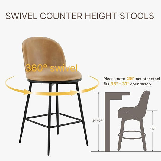 KISLOT Counter Height Swivel Bar Stools Set of 4, 26" Upholstered Faux Leather Barstools with Backs and Metal Legs for Kitchen Island,Brown