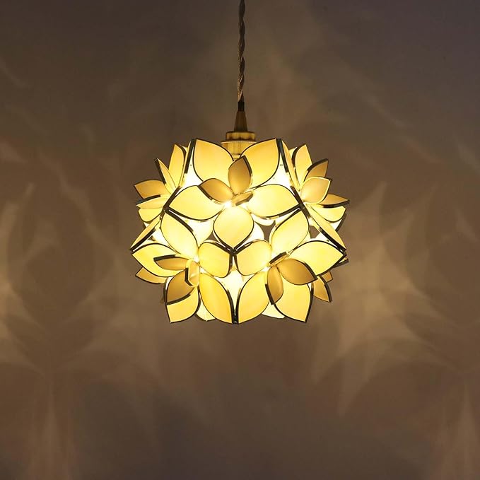 Bieye L11030 Petals Tiffany Style Stained Glass Ceiling Pendant Light for Home Decoration (Cream White, 8" Rose Lily)