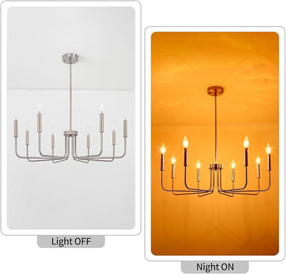 8-Light Farmhouse Chandelier for Dining Room Light Fixtures, Brushed Nickel Dining Room Light Fixture, Candle Ceiling Industrial Modern Chandelier for Living Room Kitchen Entryway Foyer Bedroom