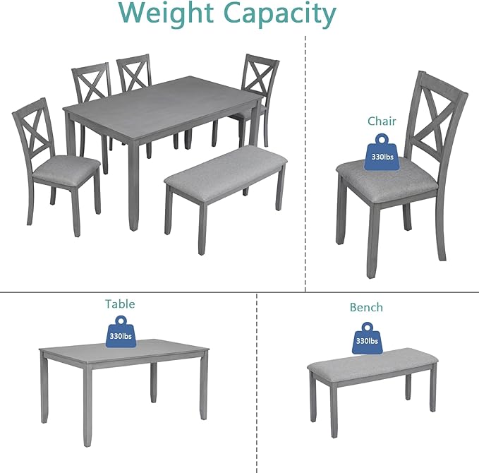 6-Piece Kitchen Dining Set, Rectangular Wooden Dining Table with 4 Upholstered Chairs and 1 Bench, Modern Dining Table Set for 6 People for Dining Room, Home Bar and Kitchen, Gray