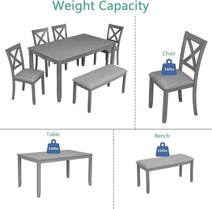 6-Piece Kitchen Dining Set, Rectangular Wooden Dining Table with 4 Upholstered Chairs and 1 Bench, Modern Dining Table Set for 6 People for Dining Room, Home Bar and Kitchen, Gray