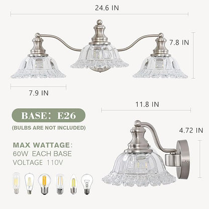 Brushed Nickel Bathroom Light Fixtures Over Mirror, 3 Light Vintage Bathroom Vanity Light Fixture with Clear Flower Glass Shades, Retro Vanity Lights for Bathroom, Bathroom Vanity Lights Over Mirror