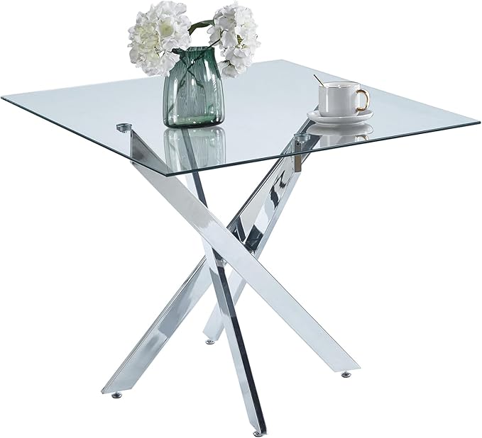 36" Square Dining Table for 2 3 4 People, Modern Dining Table with Silver Chrome Metal X-Shaped Legs, Small Glass Kitchen Tables Family Dinner Tables for Home Office Living Room