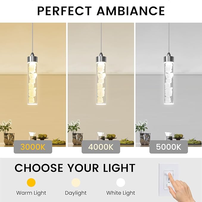 Pendant Lights Kitchen Island 3 Pack,3CCT Modern Crystal Stone Pendant Light Fixtures,Dimmable LED Kitchen Island Lighting,Adjustable Chrome Hanging Light Fixture for Dining Room Hallway, ETL Listed