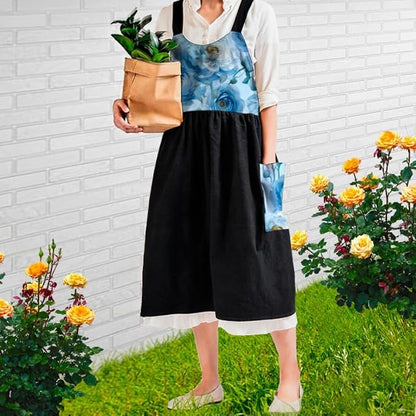 Uaussi Cotton Linen Apron Cross Back Work Apron for Women with Pockets Pinafore Dress X Cross Halter Apron for Chef Gardening