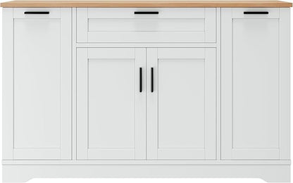 Multi-Functional Storage Sideboard with Extendable Dining Table, Kitchen Island Cabinet with 3-Tier Pull-Out Rack and Adjustable Shelves for Kitchen, Dining Room, Living Room,WhiteParticleBoardMD