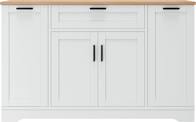 Sideboard Buffet Cabinet with 3-Tier Pull-Out Rack, Multi-Functional Kitchen Island with Adjustable Shelves and Drawers, Wood Buffet Table for Kitchen, Dining Room, Living Room, White