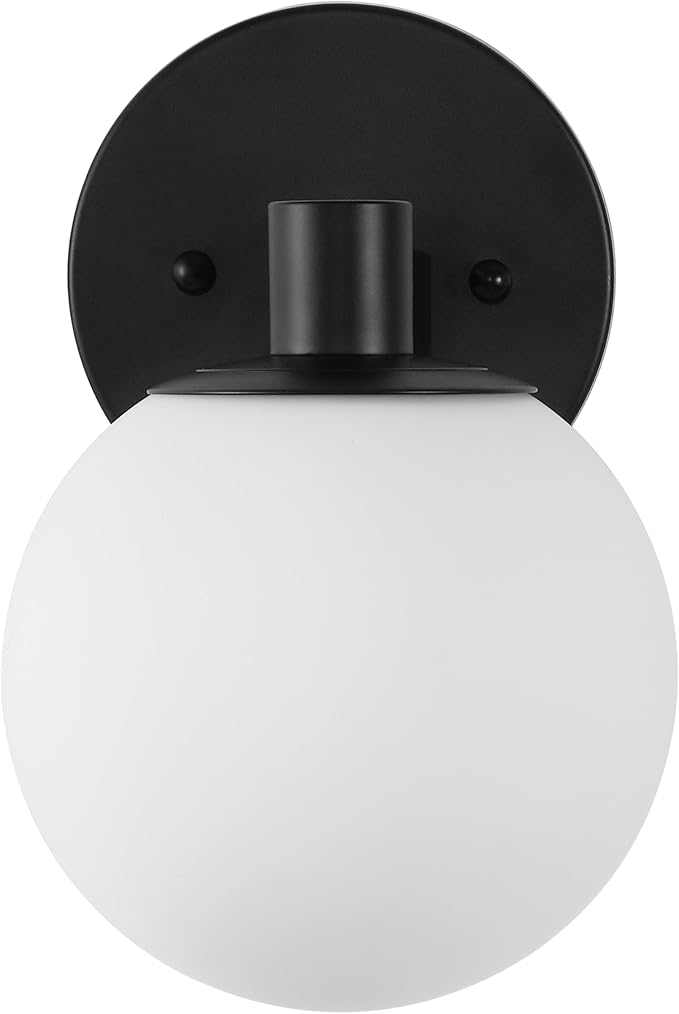 JONATHAN Y 5.75" Black/White 1-Light Modern Globe LED Vanity Wall Sconce Light, White Frosted Glass Shade, Mid-Century Art Deco Wall Lamp for Bathroom, Kitchen, Hallway (JYL3540B)