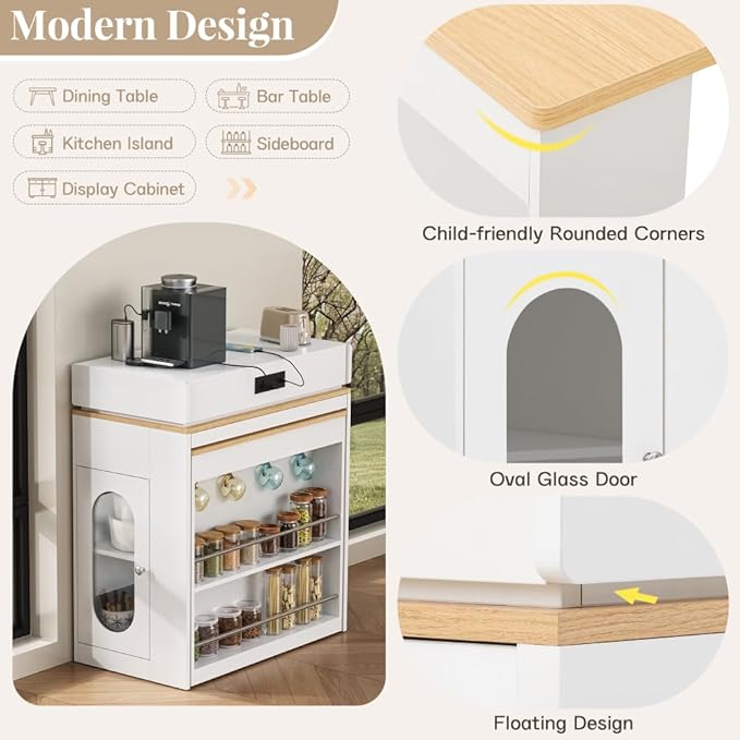 Modern Marble Dining Table Extendable Folding Solid Wood Kitchen Island with Power Socket Buffet Cabinet Sideboard on Wheels for Dining Room (Cream White + Natural Wood,with Metal Legs)