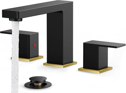 FORIOUS 8 Inch Widespread Black and Gold Bathroom Faucet Square, 2 Handle 6 Inch Matte Black Faucets for Bathroom Sink 3 Hole 8-10 Inch Vanity Sink, with Pop-up Drain, Hot and Cold Water Hoses