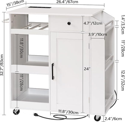 MAHANCRIS Kitchen Island with Power Outlet, Kitchen Storage Island with Drawer, Rolling Kitchen Cart on Wheels, Spice Rack, Towel Rack, Wine Rack, for Dining Room, White KIWT122E01