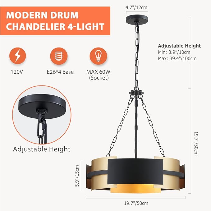 Modern Chandelier 19.7" Industrial Hanging Light Fixture Black and Gold 4-Light Large Drum Pendant Lighting for Dining Room Kitchen Island Office Living Room
