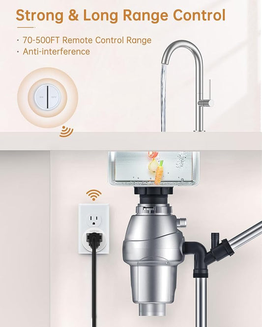 Garbage Disposal Wireless Switch Kit, Remote Control Outlet, Garbage Disposal Button, Remote Control Outlet Plug, 15A/1500W with 4000V Anti-Surge, 500 Feet RF Range, Garbage Disposal Switch