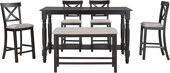 VilroCaz Modern Elegant 6-Piece Counter Height Kitchen Dining Table Set, Solid Wood 60'' Rectangle Table with Bottom Shelf, 4 Comfort Upholstered Chairs 1 Bench for Dining Room Restaurant (Espresso)