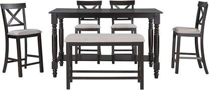 VilroCaz Modern Elegant 6-Piece Counter Height Kitchen Dining Table Set, Solid Wood 60'' Rectangle Table with Bottom Shelf, 4 Comfort Upholstered Chairs 1 Bench for Dining Room Restaurant (Espresso)