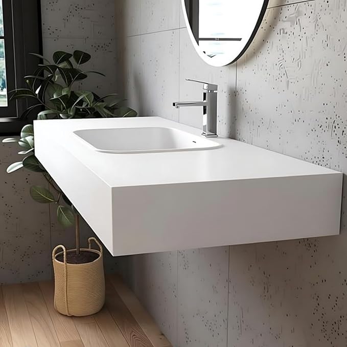59" x 21.6" Wall-Mounted Stone Resin Rectangular Vessel Sink, Modern Floating Bathroom Sink for Vanity, Art Basin Trough, Durable and Stylish Bathroom Sink for Modern Homes, White