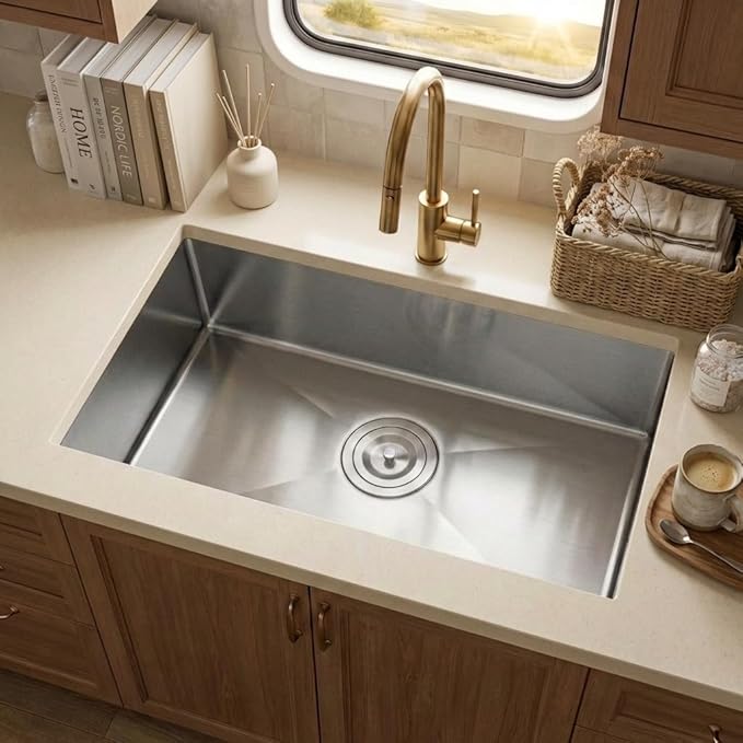 MILOSEN RV Kitchen Sink, 27''×16''×7'' 16 Gauge T304 Stainless Steel Drop-in/Undermount RV Sink, 27 inch Single Bowl Sinks for Caravans/Campervans & Site Cabins, 7 inch Depth Outdoor Trailer Sinks