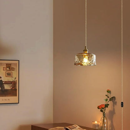 Glass Pendant Lights Kitchen Island Plug in Pendant Light with Dimmable Switch Amber Glass Lampshade for Bedside Dining Room Foyer, Brass