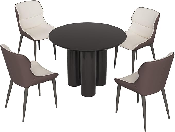 Miuuod 5 Pieces 39.37" Black Round Dining Table and 4 Upholstered Chairs for 4-6 Person, MDF Table-top, Light Velvet Chairs with Black Metal Leg for Kitchen, Reception Room,Round Coffee Table Set