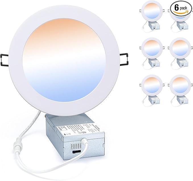 POPANU Premium LED Canless Recessed Lighting 6 Inch 5 CCT Adjustable Ceilling Wafer Light with Junction Box, 12W Color Temperature SelectableUltra-Thin Downlight Fixture, Dimmable, 6 Pack, White