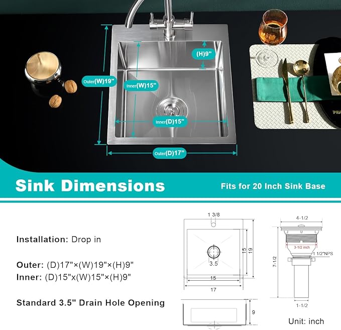 17 inch Drop in Kitchen Sinks - TSIBOMU 17x19 inch Single Bowl Single Hole Topmount Kitchen Sink, 18 Gauge Stainless Steel Handmade Small Kitchen Bar Sink, Brushed