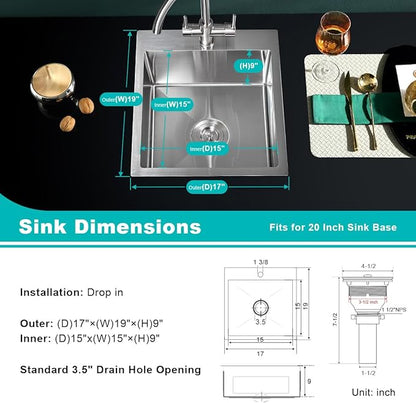 17 inch Drop in Kitchen Sinks - TSIBOMU 17x19 inch Single Bowl Single Hole Topmount Kitchen Sink, 18 Gauge Stainless Steel Handmade Small Kitchen Bar Sink, Brushed