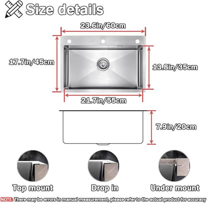 23.6 * 17.7in Drop In Kitchen Sink,Silver Gray Stainless Steel Single Bowl Sink,Topmount Workstation Sink With Pull Out Faucet,Soap Dispenser And Drain Basket