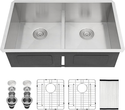 Sarlai 36 Undermount Kitchen Sink - 36" x 19" Undermount Double Bowl Sink 60/40 Low Divide Stainless Steel 16 Gauge Under Counter Rectangular Kitchen Sinks Basin with Accessories