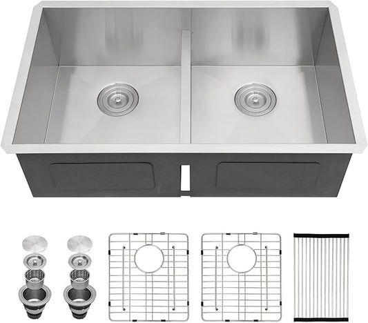 Sarlai 36 Undermount Kitchen Sink - 36" x 19" Undermount Double Bowl Sink 60/40 Low Divide Stainless Steel 16 Gauge Under Counter Rectangular Kitchen Sinks Basin with Accessories