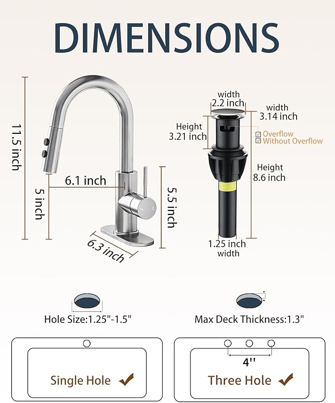 Fransiton Bathroom Faucets with Pull Down Sprayer, Bar Sink Faucet Single Hole for Kitchen Campers with Pop-Up Drain Hose, Suitable for Farmhouse Vanity Lavatory