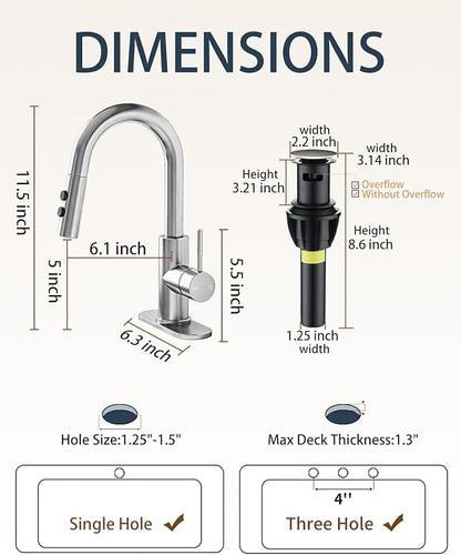 Fransiton Bathroom Faucets with Pull Down Sprayer, Bar Sink Faucet Single Hole for Kitchen Campers with Pop-Up Drain Hose, Suitable for Farmhouse Vanity Lavatory