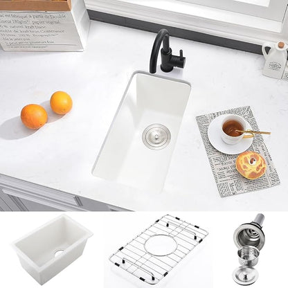 10 Inch White Bar Sink Undermount-VASOYO 10x18 Inch Undermount Wet Bar Sink Small Rv Kitchen Sinks White Quartz Composite Deep Single Bowl Small Kitchen Sinks with Bottom Grid