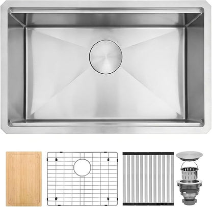 Undermount Kitchen Sink,16 Gauge T-304S Stainless Steel Workstation Sinks with Accessories, 30" x 18" x 10" Large and Deep Single Bowl Kitchen Sink for Home,Kitchen and Outdoor