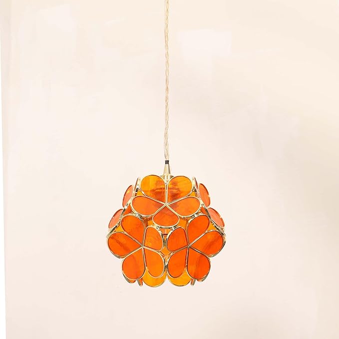Bieye L10966 Petals Tiffany Style Stained Glass Ceiling Pendant Light with 8-inch Wide Lampshade (Orange Translucent, 8" Cherry Blossom)