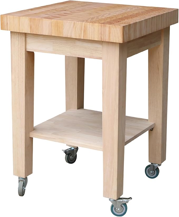 Unfinished Solid Wood Kitchen Island Cart by International Concepts – 33” Rolling Parawood Cart with Shelves, Paint or Stain to Match Any Kitchen Décor