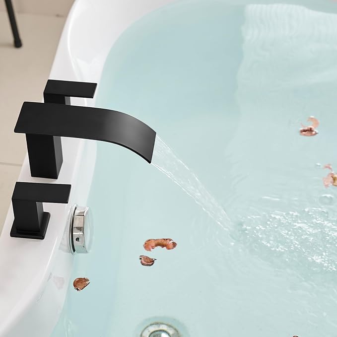 RUMOSE Matte Black Roman Bathtub Faucet Set Waterfall Tub Faucets High Flow Widespread 6-16 Inch 3 Holes Deck Mount Tub Filler 2 Handles Bathtub Filler Soaking Bath Faucet